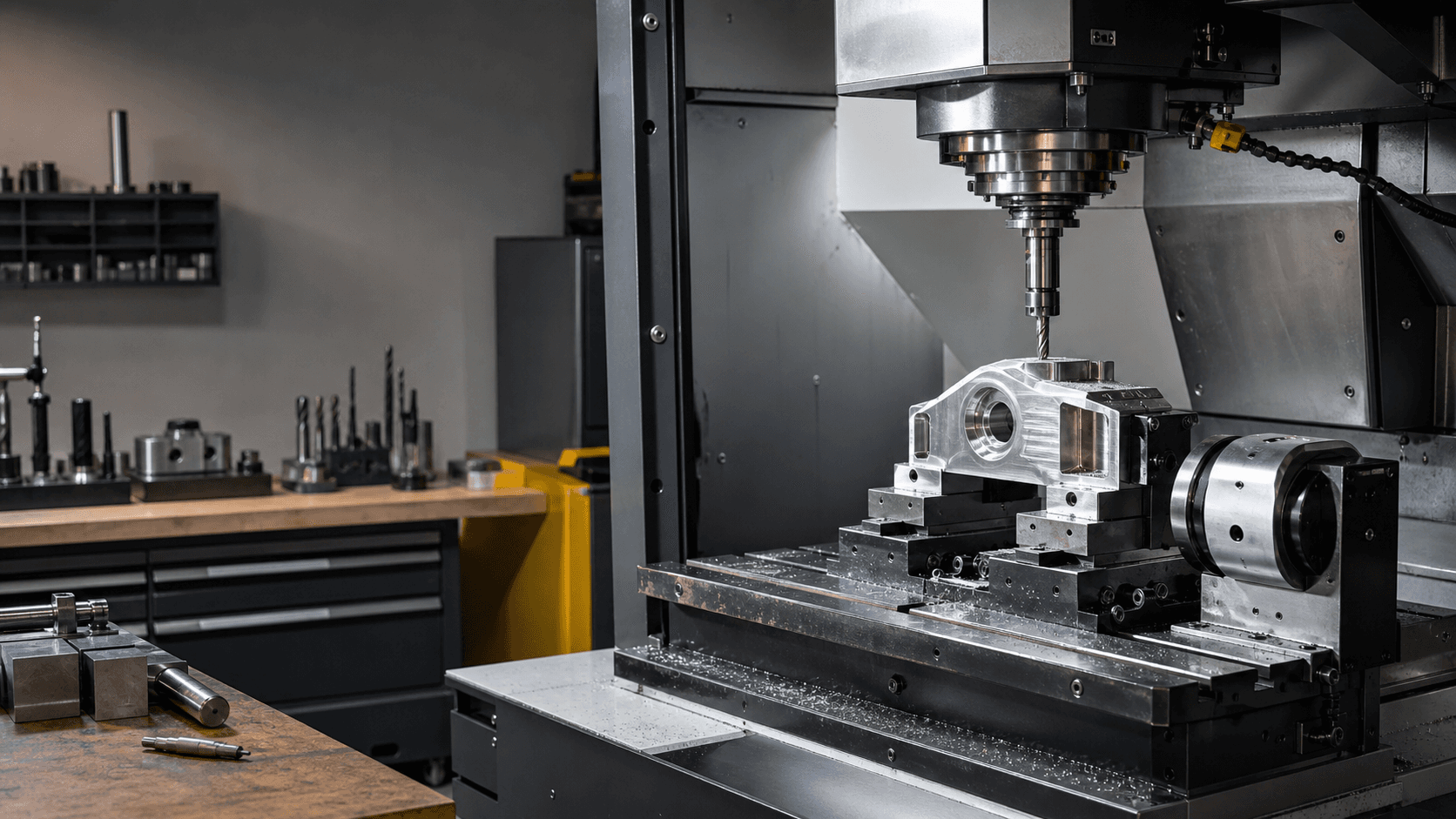 CNC mill machining an aluminum part in a clean job shop